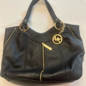 Michael Kors Black Pebbled Leather Shoulder Bag with Gold Hardware